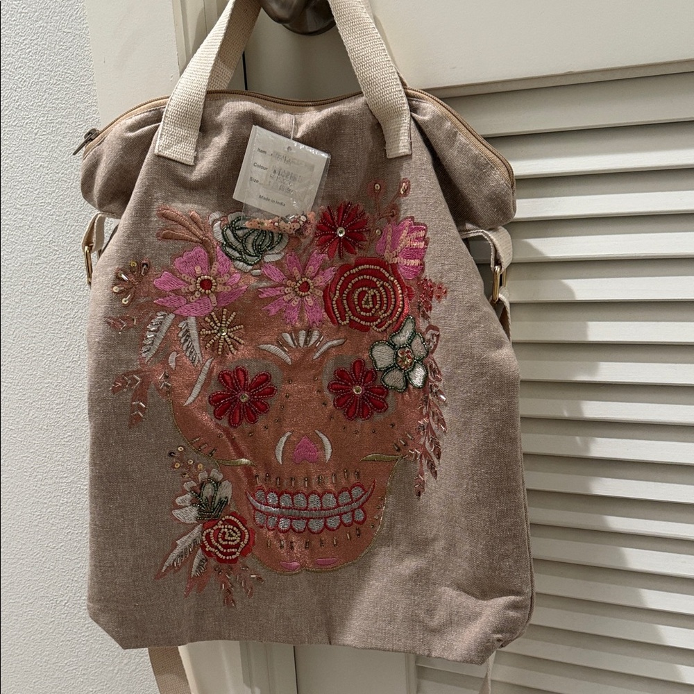 Floral Embroidered Skull Beige Book Bag